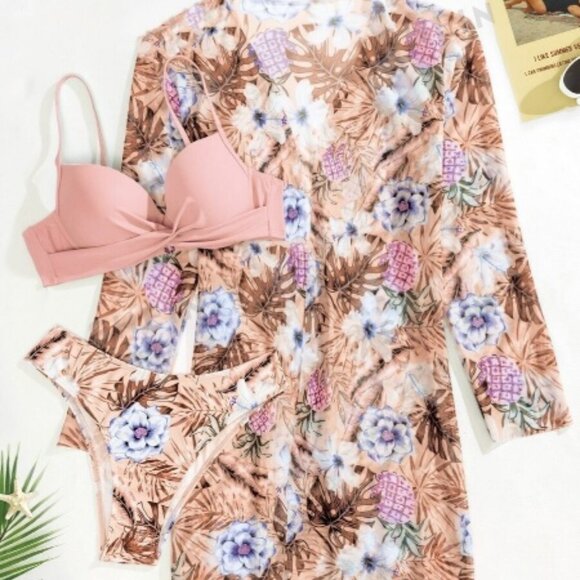 Boho 3 piece Floral Swim Suit Tropical Mesh Bikini Wrap and Kimono - Picture 4 of 5